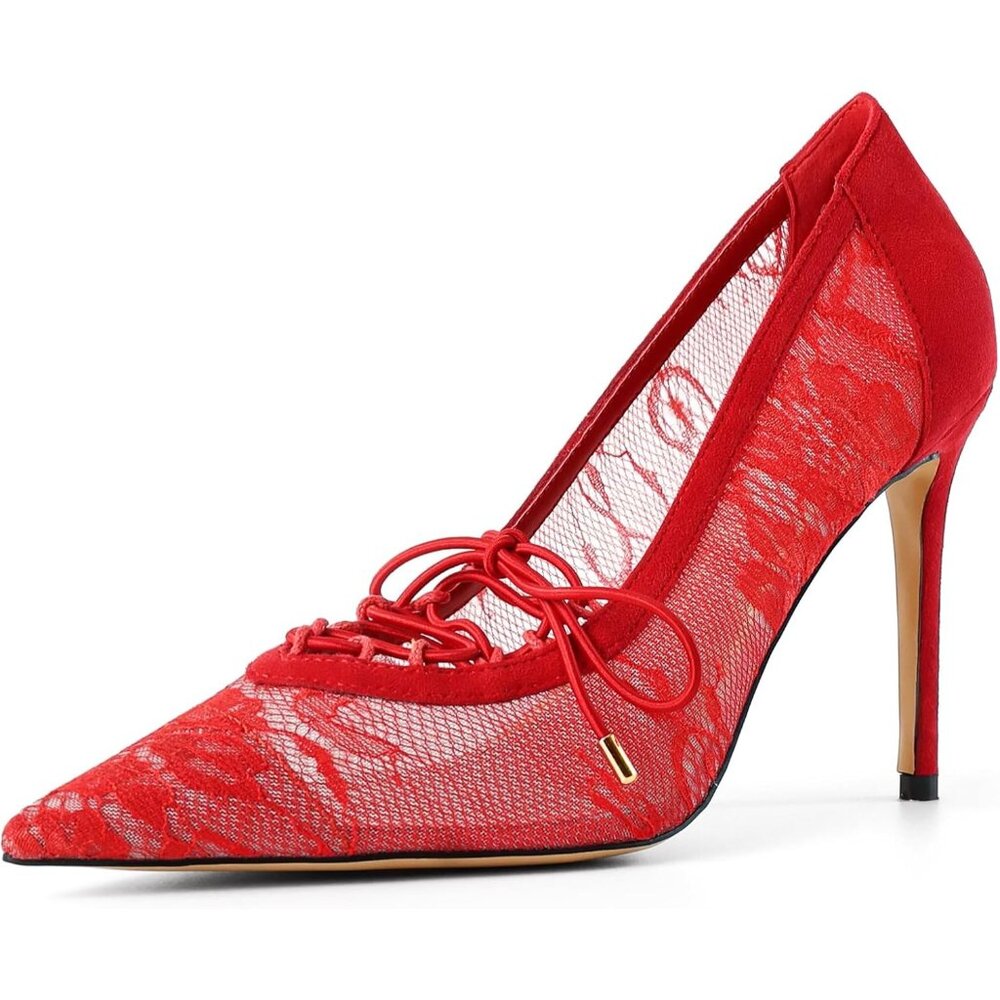 Women's Red Pumps Pointed Closed Toe Stiletto Lace High Heels Mesh Work Party